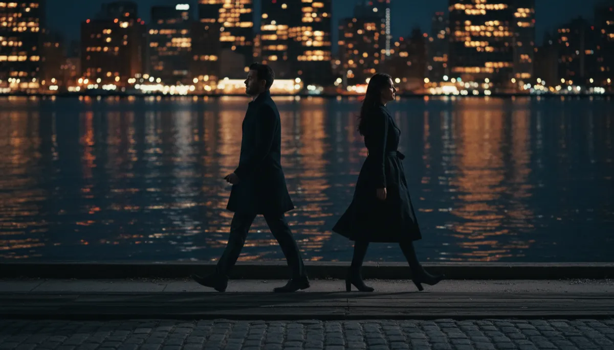 cinematic masculine editorial wide shot of a couple walking side by side along a dark navy waterfront at night, city lights in orange and amber reflecting on the water, both with strong upright posture, not clinging but moving in sync, mood of grounded partnership