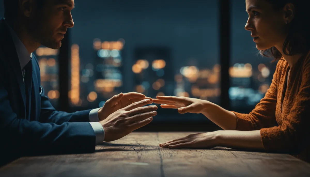 cinematic masculine editorial close-up of a man and woman sitting across from each other at a dimly lit table, dark navy and amber tones, their hands not quite touching, intense eye contact, city lights blurred in the background, mood of tension and clarity