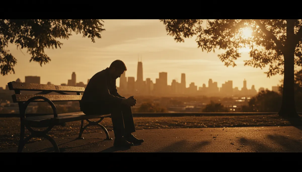 Man sitting alone on a bench at golden hour, deep in reflection