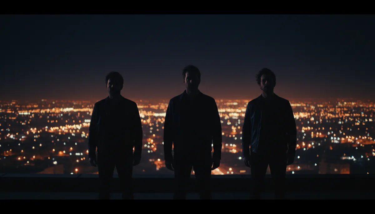 Three men standing together on a rooftop at night with electric orange city lights