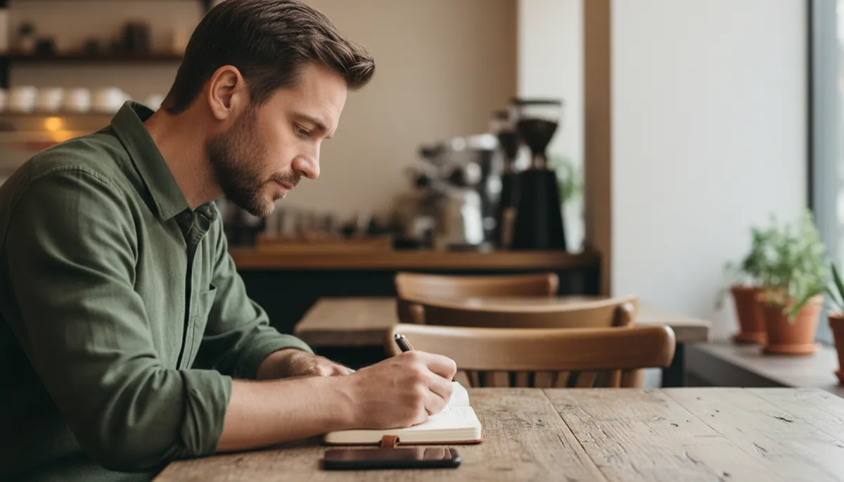 Man sitting alone in a quiet coffee shop journaling with his phone face down