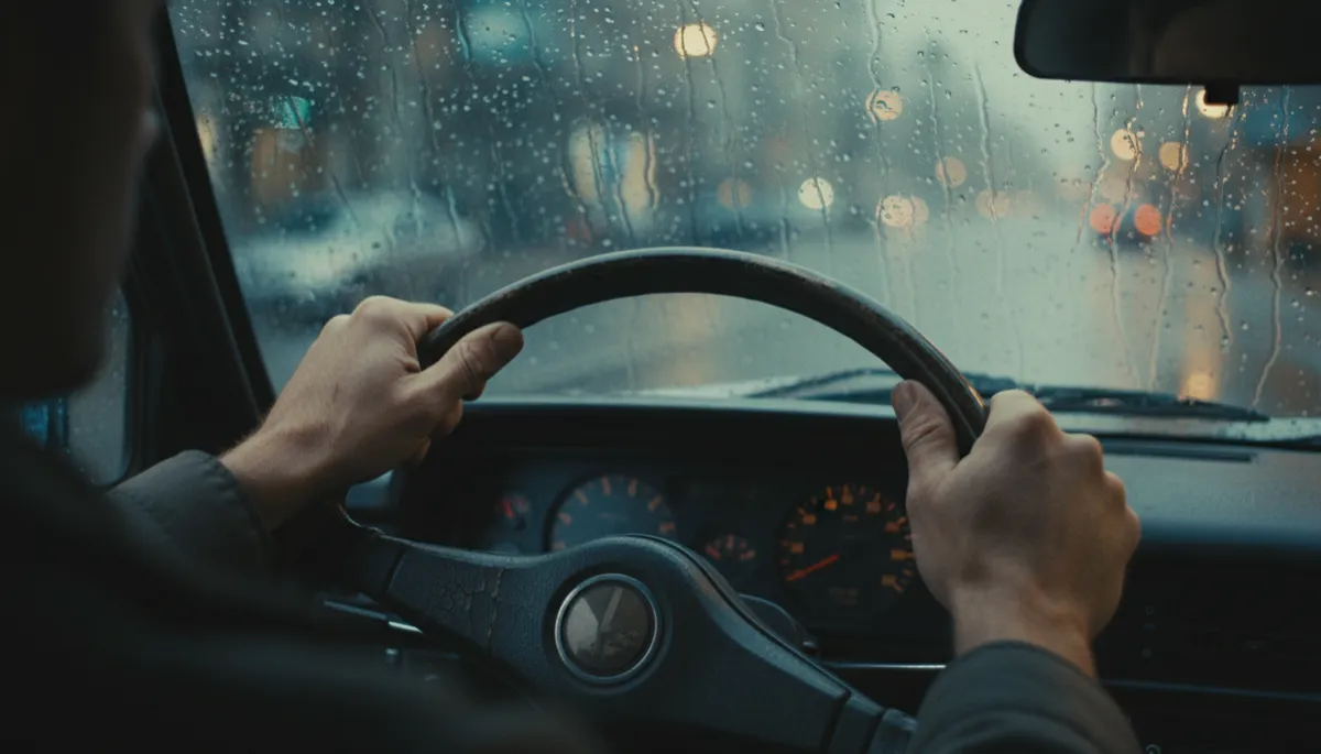 Close-up of a man's scarred hands on a steering wheel at night
