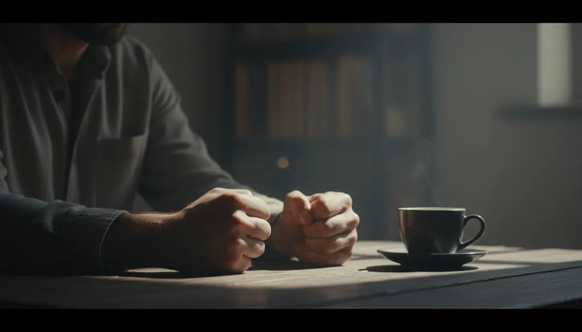 Man sitting at a table with clenched hands, holding tension before a decision