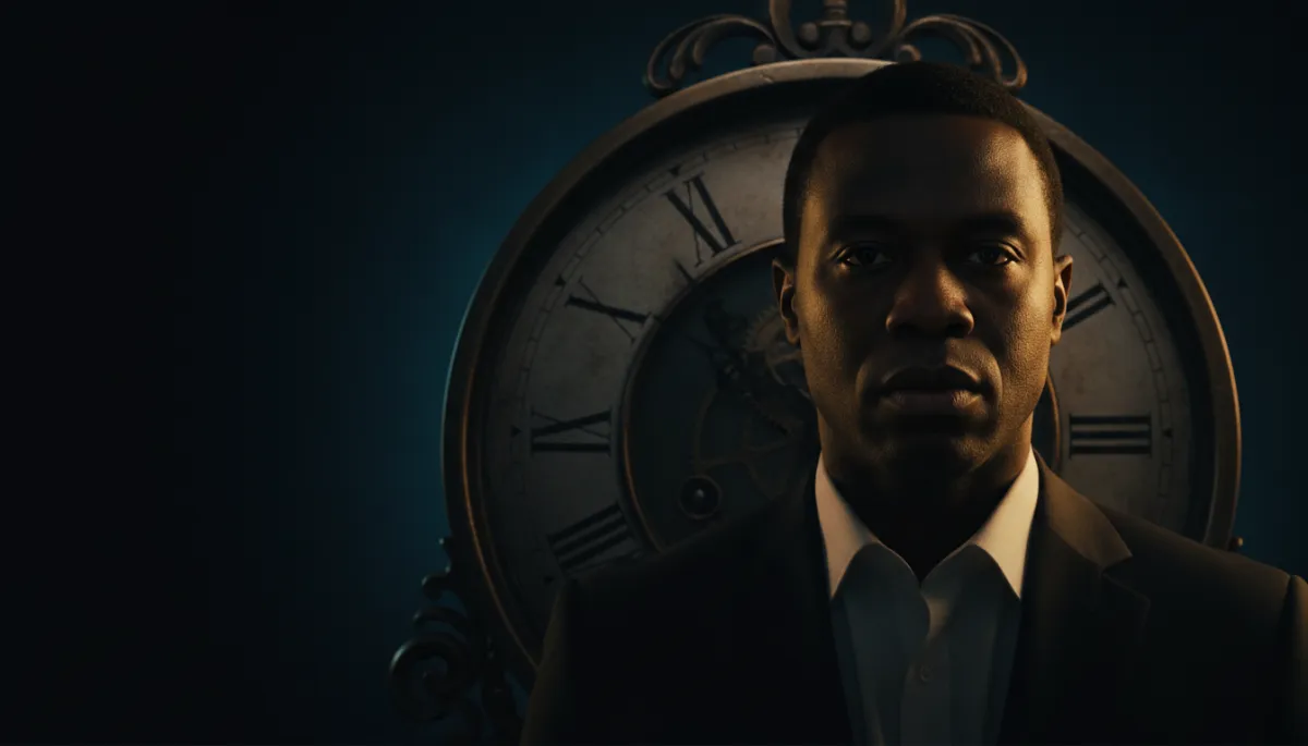 photorealistic cinematic portrait, dark background, Black man facing forward positioned on the right side of the frame, large antique clock with Roman numerals behind him, bronze-gold lighting on the right half of his face and body, left side fading into dark charcoal-black shadow