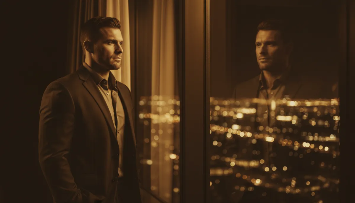 photorealistic Bronze Gold × Sovereign Clock style, dark background with bronze-gold lighting, a strong man in his 30s standing alone by a window at night, city lights blurred behind him, his reflection in the glass, jaw set, eyes calm and resolved, subtle light catching the contours of his face and shoulders, mood of quiet power and self-respect