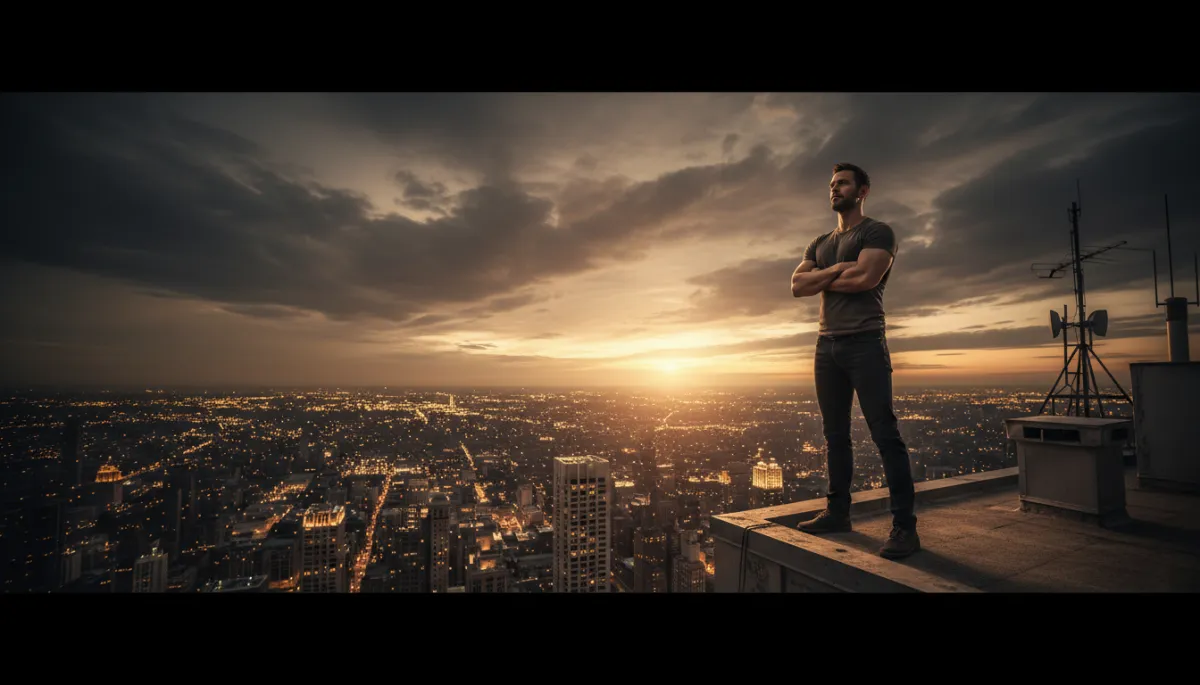photorealistic cinematic scene of a strong contemplative man standing alone on a rooftop at dusk, city lights glowing below, warm bronze-gold sunset against dark charcoal clouds, subtle amber highlights on his face, mood of resolve and quiet power