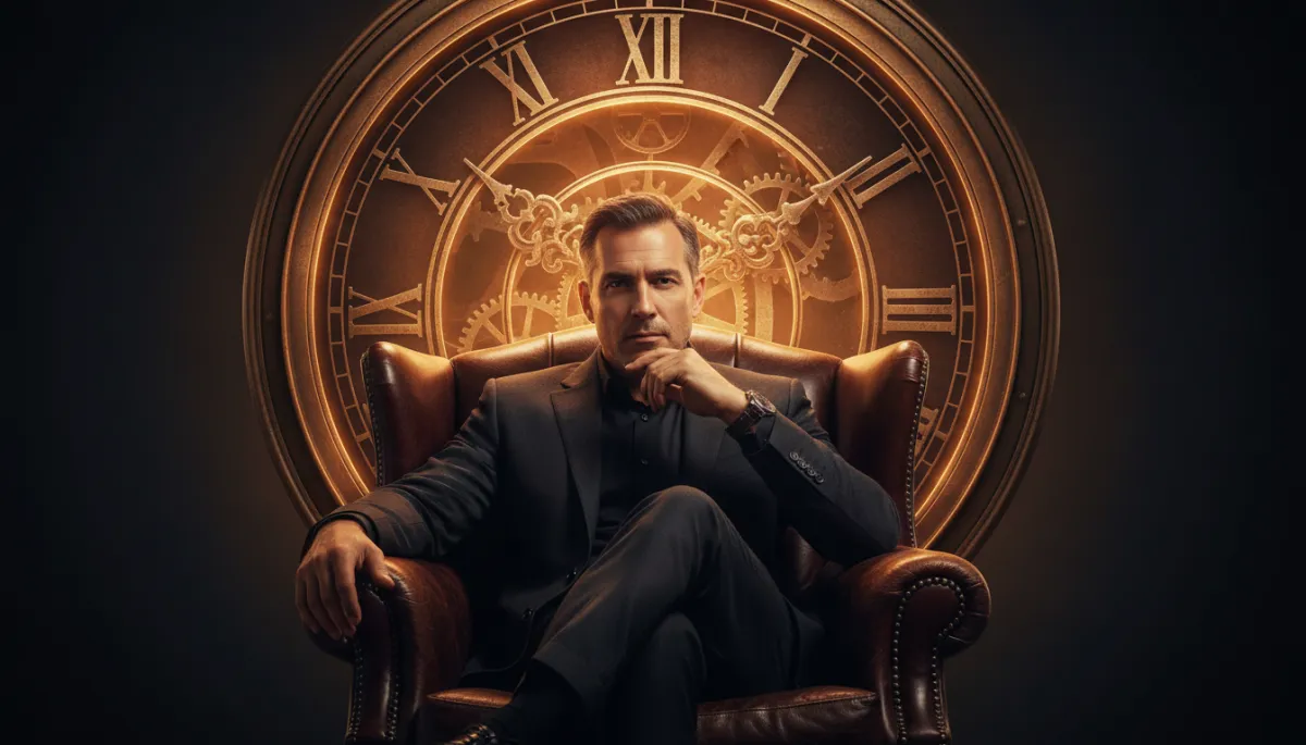 photorealistic cinematic scene, dark charcoal background, large antique brass clock glowing with bronze gold lighting behind a man in his 40s sitting alone in a leather chair, thoughtful but powerful posture, subtle light on his face suggesting inner clarity, Style 08 Bronze Gold × Sovereign Clock