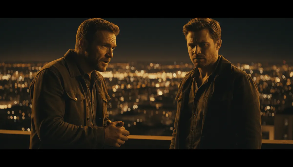 photorealistic dark cinematic bronze gold scene of two men standing on a rooftop at night overlooking a city, one man speaking honestly to the other who looks conflicted, subtle light outlining their faces, mood of raw brotherhood and hard truth