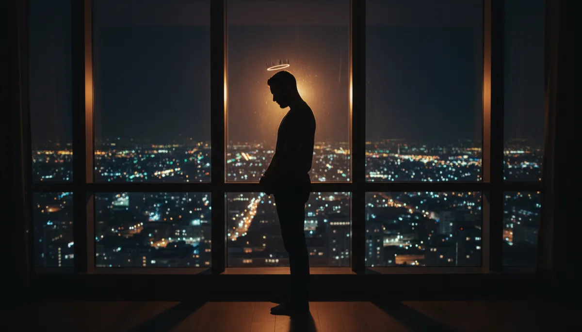 photorealistic lone man standing at a high-rise window at night, city lights reflecting on glass, his silhouette outlined in dark cinematic bronze and gold tones, subtle crown-like light above his head, mood of introspection and sovereignty