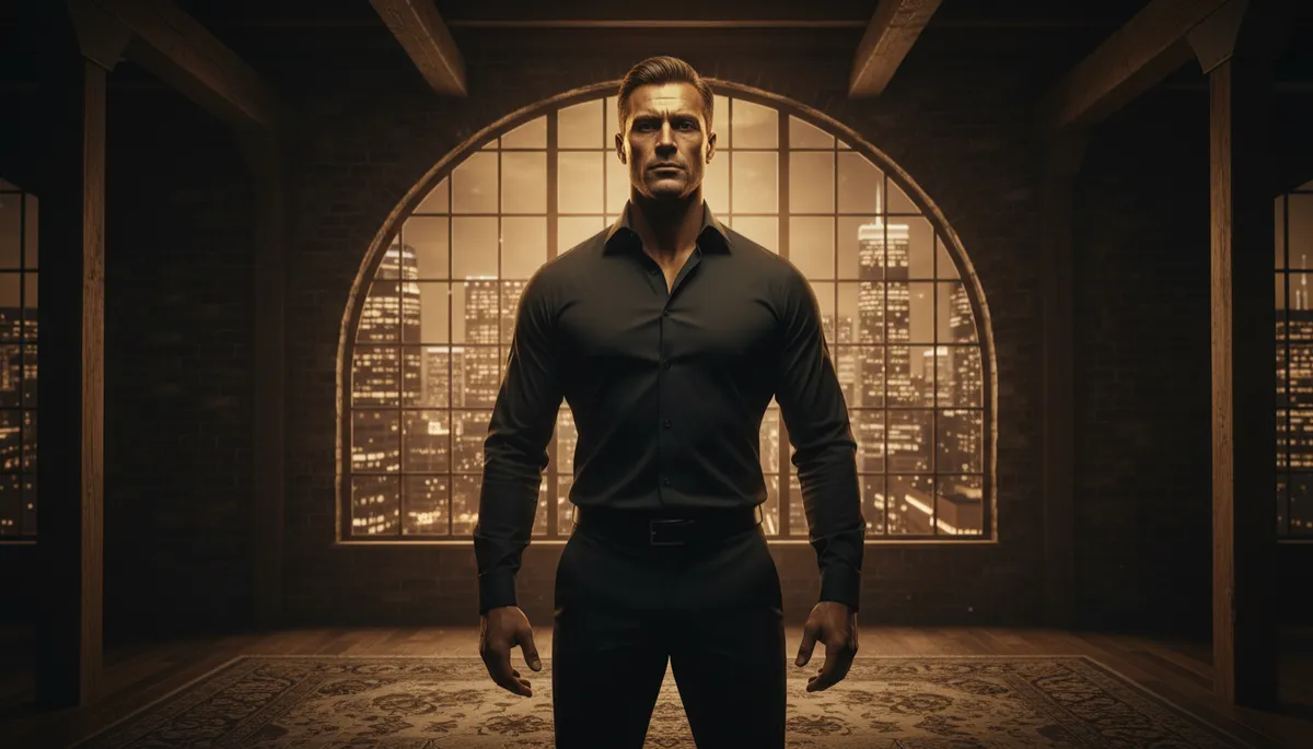 Powerful man in a fitted shirt standing alone in a dimly lit loft, city lights glowing through the window behind him, his face calm but intense, hands relaxed at his sides, dark cinematic bronze-gold sovereign style, dramatic chiaroscuro lighting