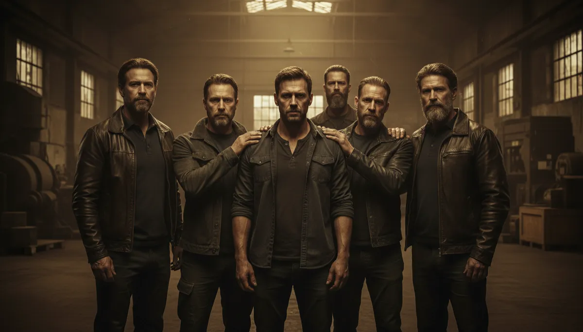 photorealistic group of men in their 30s to 50s standing in a dimly lit warehouse-style room, dark cinematic bronze-gold sovereign color grading, one man in the center looking exhausted while the others rest hands on his shoulders, dramatic side lighting catching dust in the air