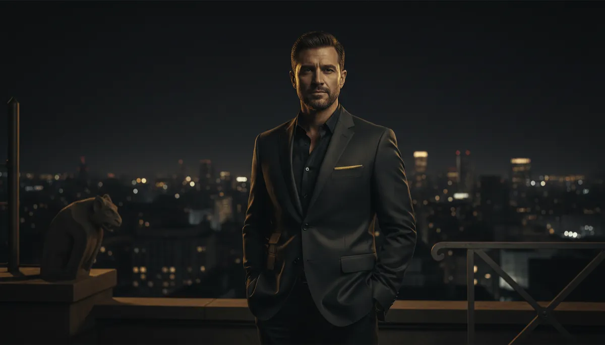 Photorealistic dark cinematic bronze-gold sovereign style scene of a man in his late 30s standing alone on a rooftop at night overlooking a city, charcoal-black sky with subtle bronze highlights on the edges of his face and jacket, expression calm and unbothered, hands in pockets, minimal light catching his profile like a king in the shadows