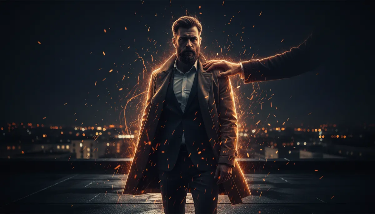 dark cinematic double exposure of a solitary man in his late 30s standing on a city rooftop at night, deep navy-black background with electric orange sparks swirling around him, subtle overlay of another man's hand on his shoulder symbolizing unseen brotherhood, sovereign masculine energy
