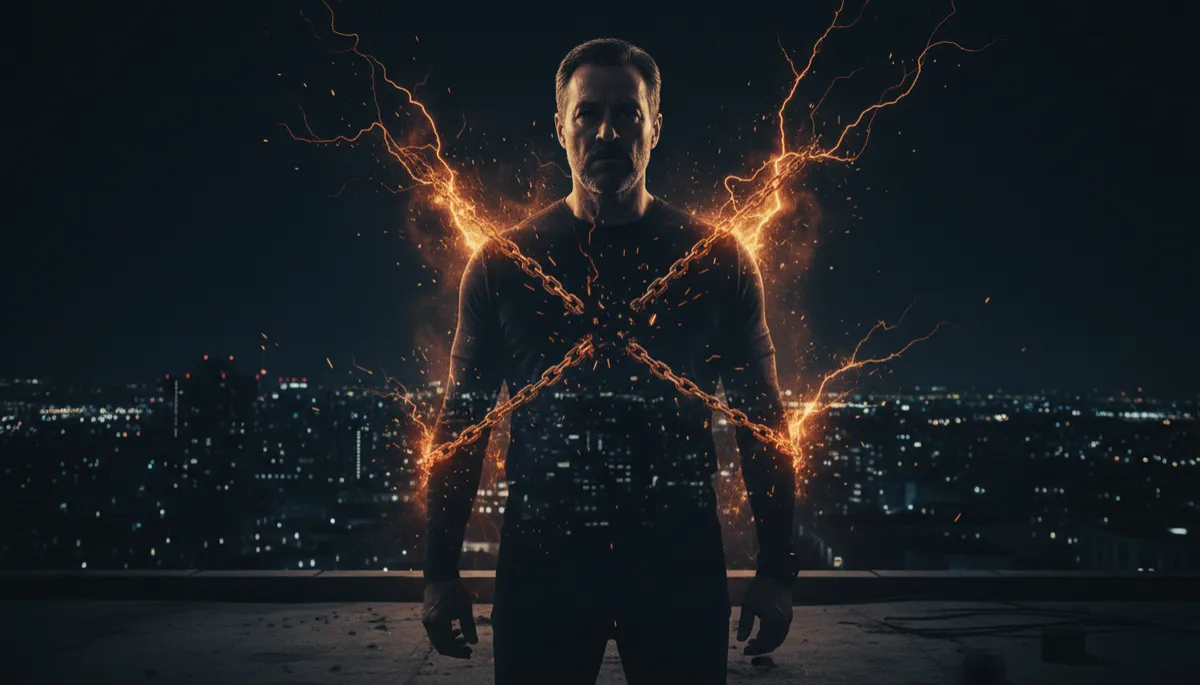 dark cinematic double exposure of a strong middle-aged man standing alone on a rooftop at night, deep navy-black #06091A city skyline behind him, electric orange #FCA311 sparks rising around his silhouette, subtle second exposure of chains breaking near his chest, warm off-white #F5F1E9 highlights on his face