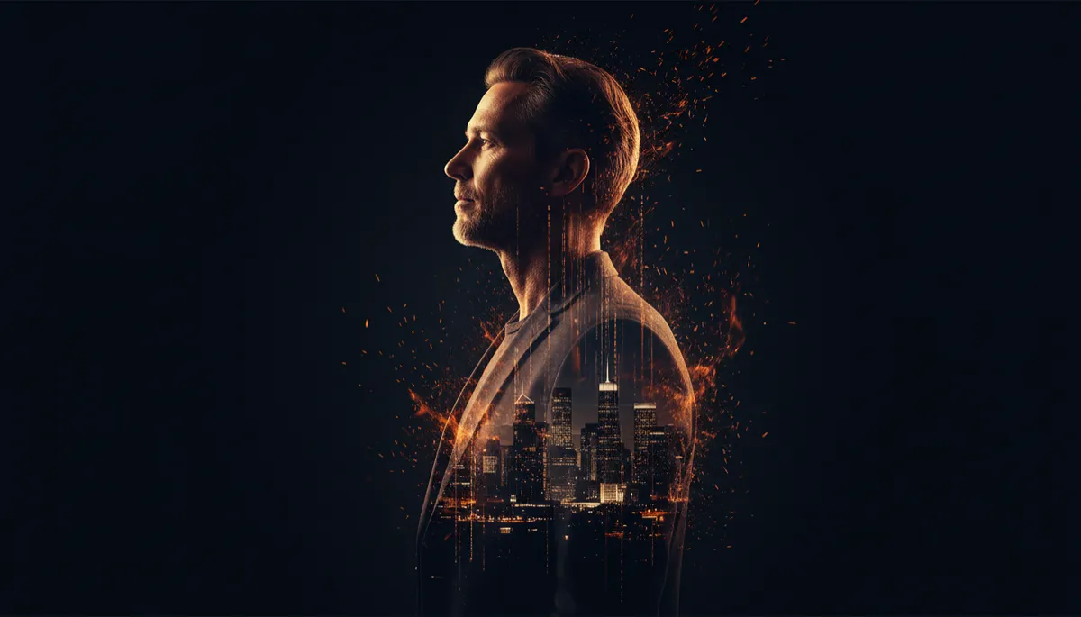 dark cinematic double exposure of a middle-aged man standing in profile against a deep navy-black #06091A background, electric orange #FCA311 sparks drifting around his silhouette, faint overlay of city skyline and lines of code inside his chest, sovereign masculine stillness and calm energy, warm off-white #F5F1E9 highlights on his face