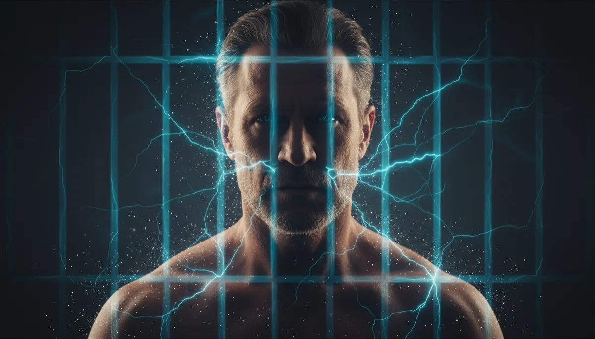 dark cinematic double exposure of a middle-aged man staring forward, his silhouette overlaid with faint electric cyan bars dissolving into light, deep charcoal background, warm white highlights on his face, electric cyan light cracking through invisible prison bars, sovereign masculine liberation energy