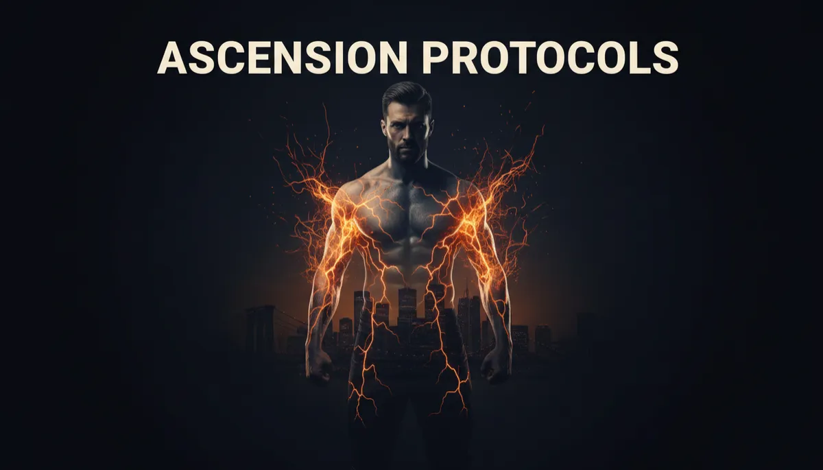 dark cinematic double exposure of a man standing in navy-black #06091A darkness, electric orange #FCA311 light forging through cracks in his chest and shoulders like molten metal, city skyline faint in the background, sovereign masculine transformation energy radiating, bold title text overlay in warm white #F5F5F5