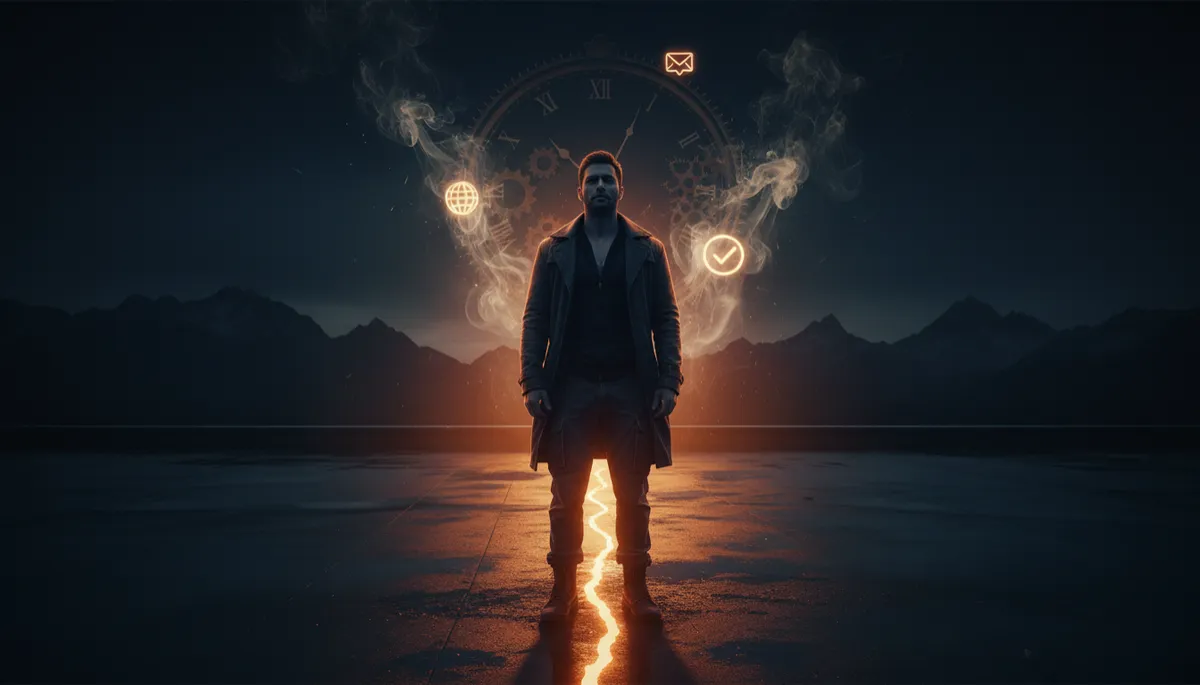dark cinematic double exposure of a man standing on a rooftop at night, navy-black background #06091A, electric orange #FCA311 light forming a path toward a distant mountain silhouette, subtle overlay of a ticking clock and notification icons fading into smoke, sovereign masculine energy, man facing his mission with calm intensity