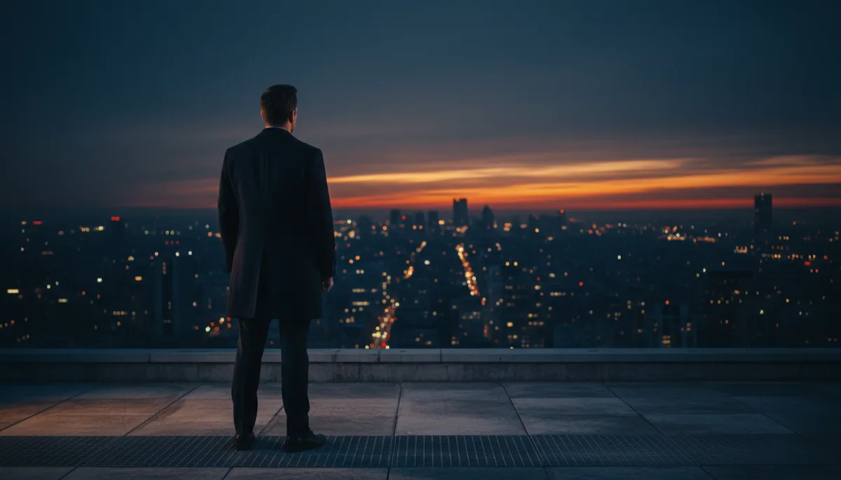 cinematic masculine editorial shot of a man standing alone on a high-rise rooftop at dusk, dark navy city skyline, orange and amber sunset glow on the horizon, his back to the camera as he looks out over the city, wearing a tailored dark coat, strong posture, mood of resolve and contemplation