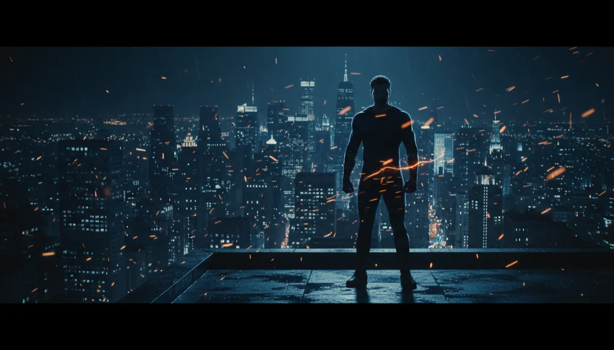 cinematic dark masculine scene of a lone man standing on a rooftop at night overlooking a city of dark navy tones, faint orange sparks drifting around him like embers, strong contrast lighting on his silhouette, serious expression, Boundaries & Brotherhood style