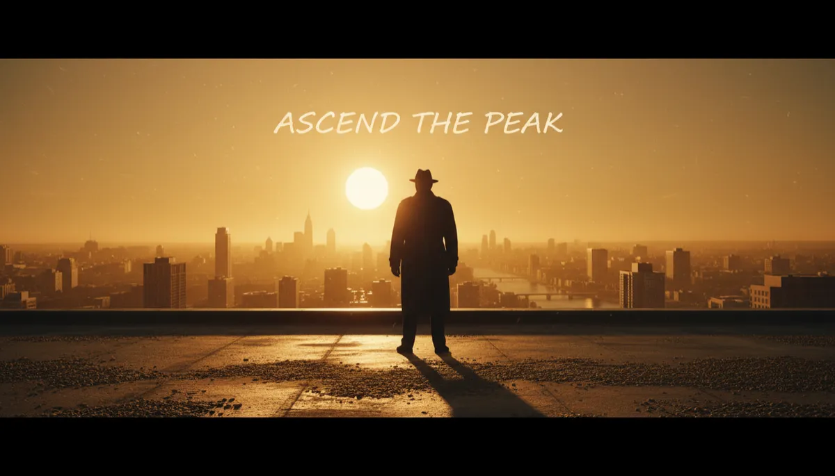 cinematic warm amber tones, lone man standing on a rooftop at golden hour overlooking a city, sun low on the horizon, long shadows, strong silhouette, subtle text overlay on sky