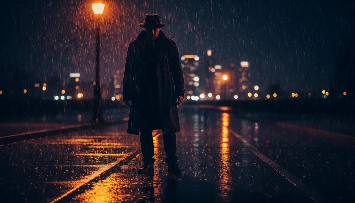dark cinematic close-up of a lone man standing in the rain under a streetlight, harsh shadows, electric orange reflections on wet pavement, city in the background out of focus