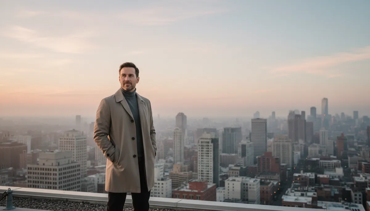 photorealistic muted neutral-toned scene of a man in his late 30s standing alone on a city rooftop at dawn, hands in pockets, looking out over the skyline with calm confidence, soft side light emphasizing his face, subtle grain, cinematic composition