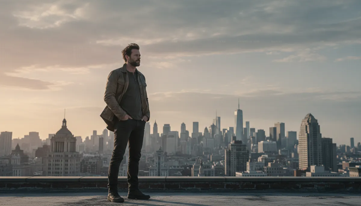 photorealistic cinematic shot of a rugged man in his 30s standing alone on a city rooftop at dawn, wind in his jacket, skyline behind him, neutral muted colors, subtle text overlay on sky