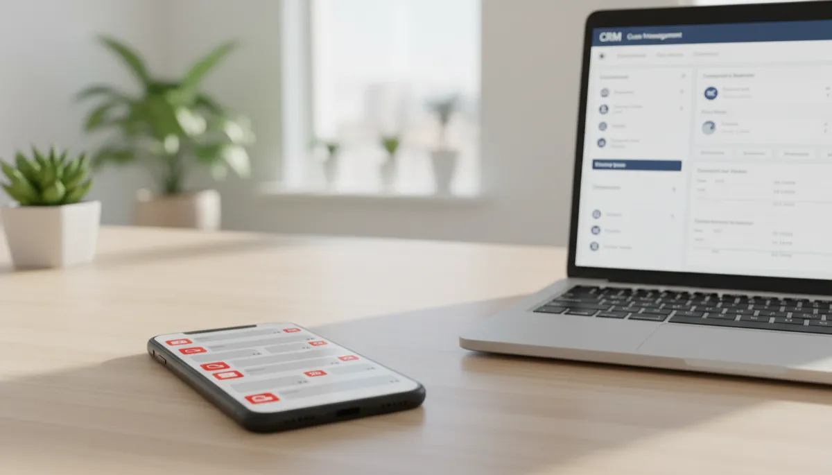 Phone showing missed calls and unread notifications next to CRM on laptop