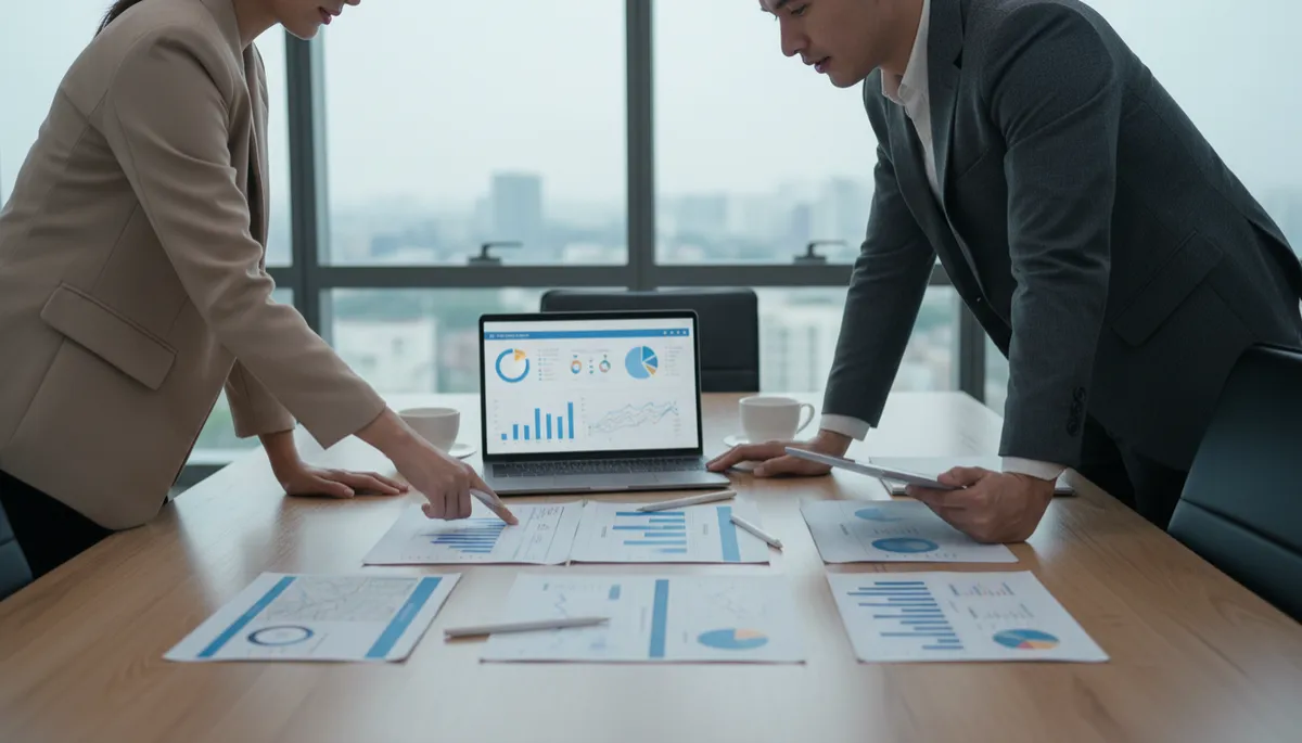 Real estate agent meeting with marketing strategist to review campaign performance