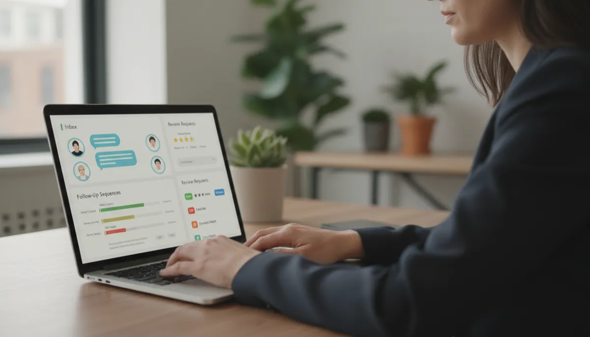 Real estate agent viewing automated lead follow-up and review system on laptop