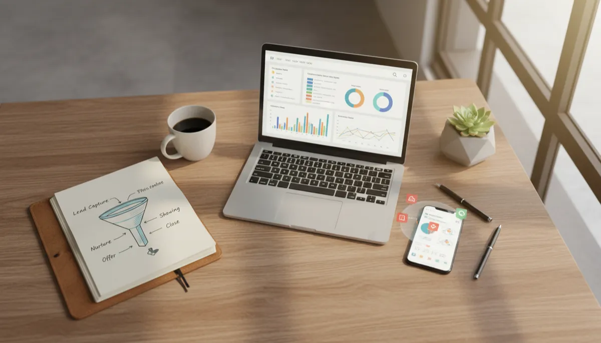 Desk with real estate marketing funnel sketch and digital dashboards