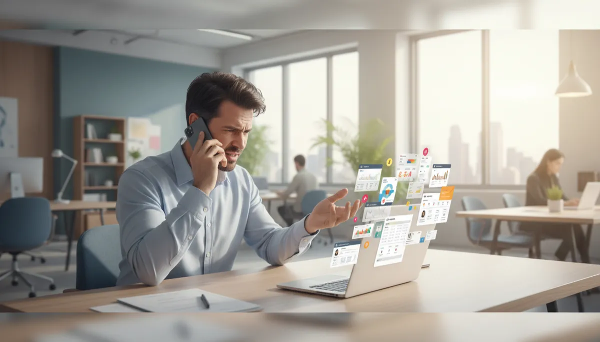 photorealistic neutral-toned modern real estate office with a frustrated agent on the phone looking at a laptop full of notifications and CRM dashboards, soft natural light, subtle depth of field