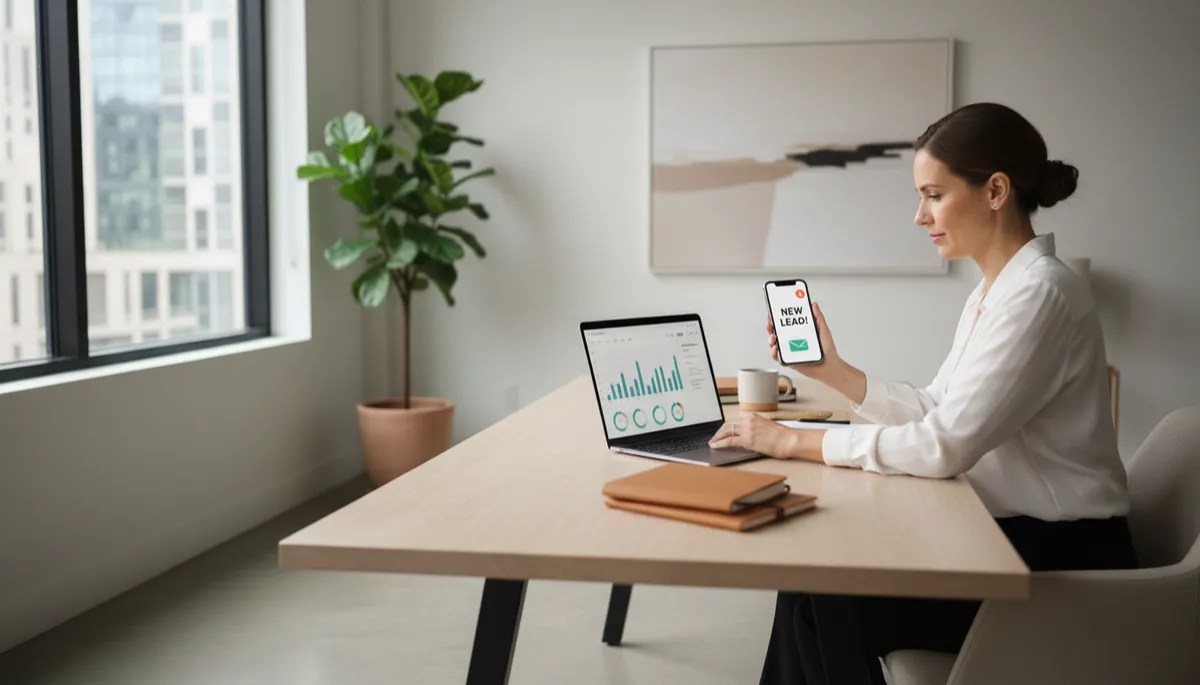 photorealistic neutral-toned modern real estate office, confident real estate agent reviewing marketing reports on laptop while phone shows new lead notifications, soft natural light, clean professional look