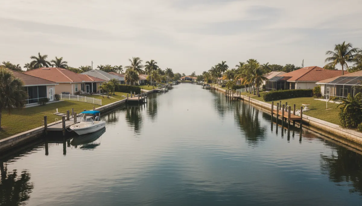 Canal in Fort Myers Shores with homes and private boat docks Canal in Fort Myers Shores with homes and private boat docks
