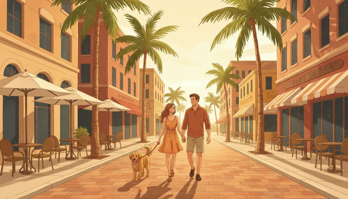 Illustration of residents walking with a dog along a walkable brick street with condos and cafés