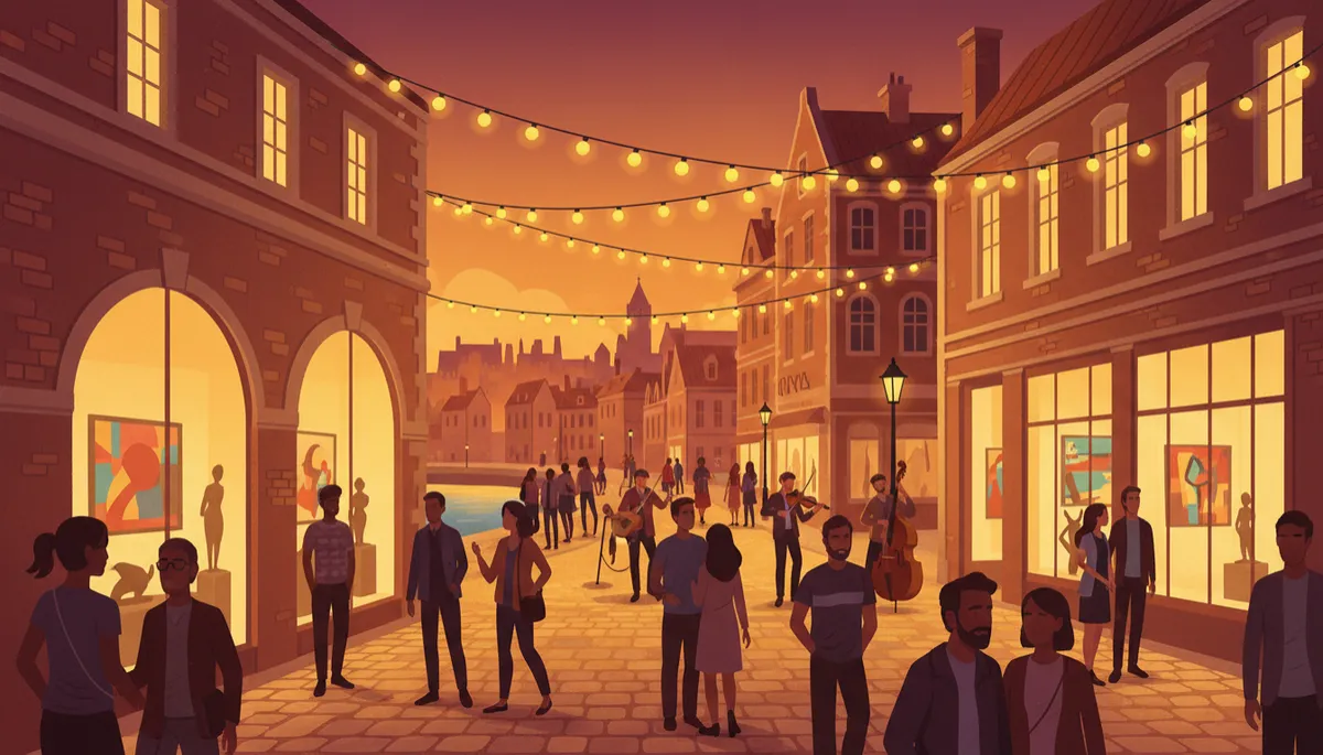 Illustration of Art Walk evening in Downtown Fort Myers with galleries and live music