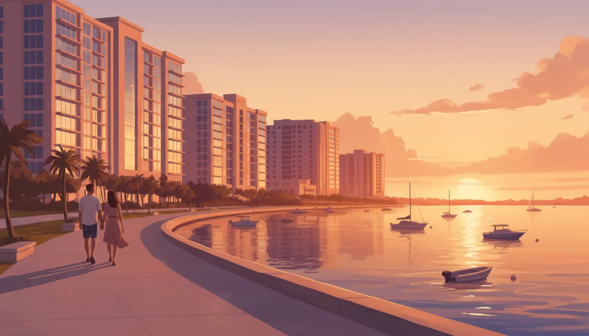 Illustration of residents walking along the Caloosahatchee River promenade near downtown condos
