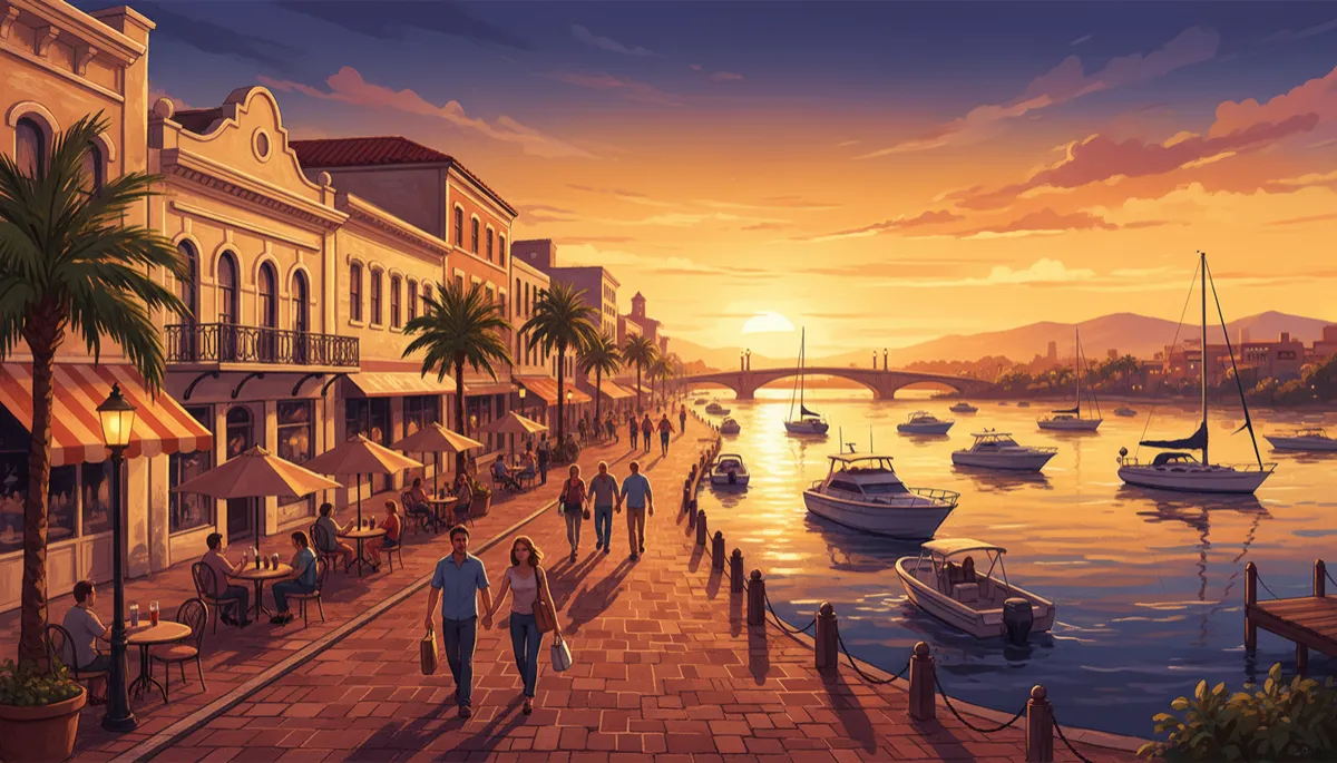 warm-color illustration of Downtown Fort Myers River District at sunset, people strolling along brick streets, outdoor café seating on First Street, boats on the Caloosahatchee River and historic facades glowing in golden light