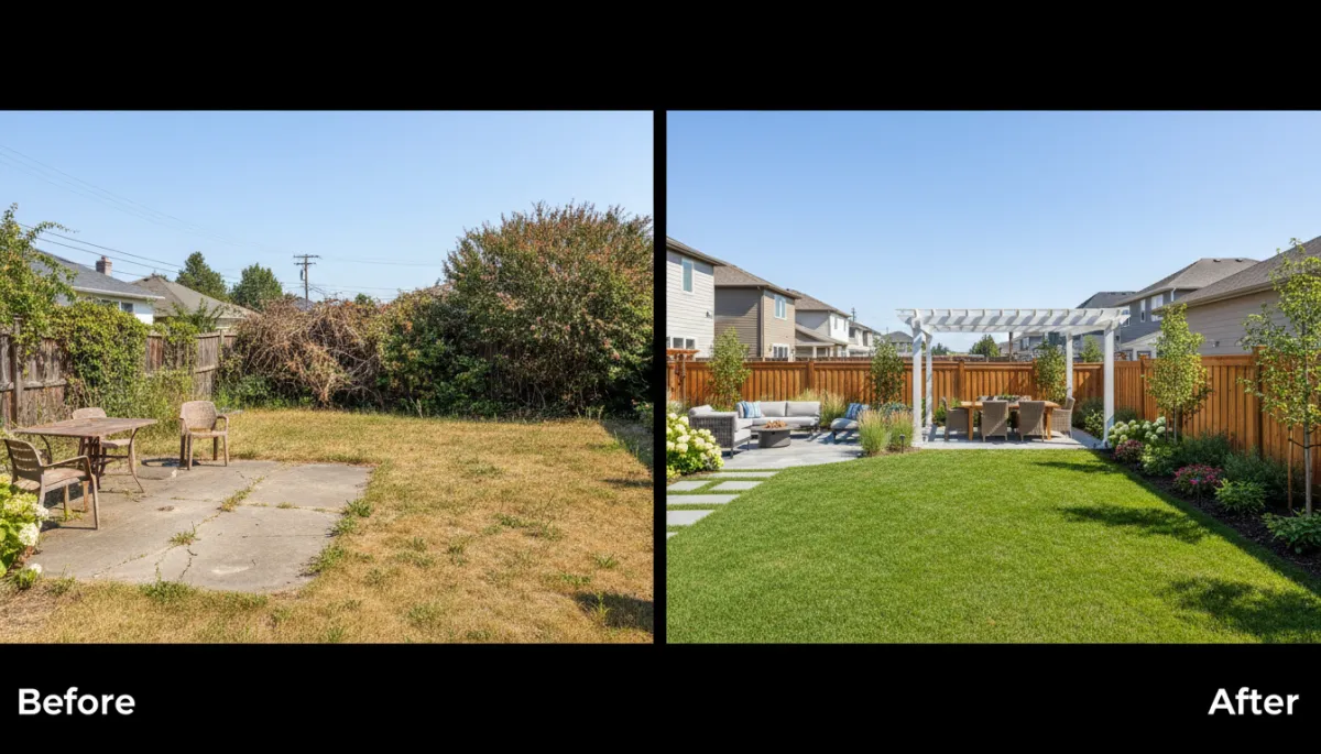 Create a photorealistic before-and-after split image of a suburban backyard to illustrate the impact of a professional landscape master plan on resale value and marketability. On the left side (