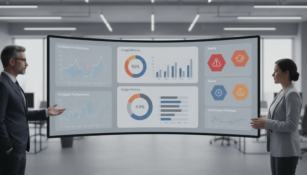 Professional dashboard displaying AI performance and business impact metrics Professional dashboard displaying AI performance and business impact metrics