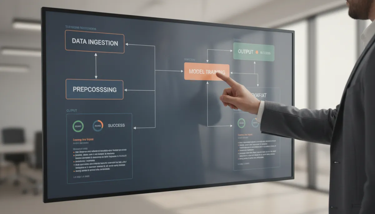 professional neutral-toned photorealistic close-up of a large wall monitor showing a structured AI pipeline diagram with stages, logs, and status indicators, with a business professional pointing to a step in the workflow