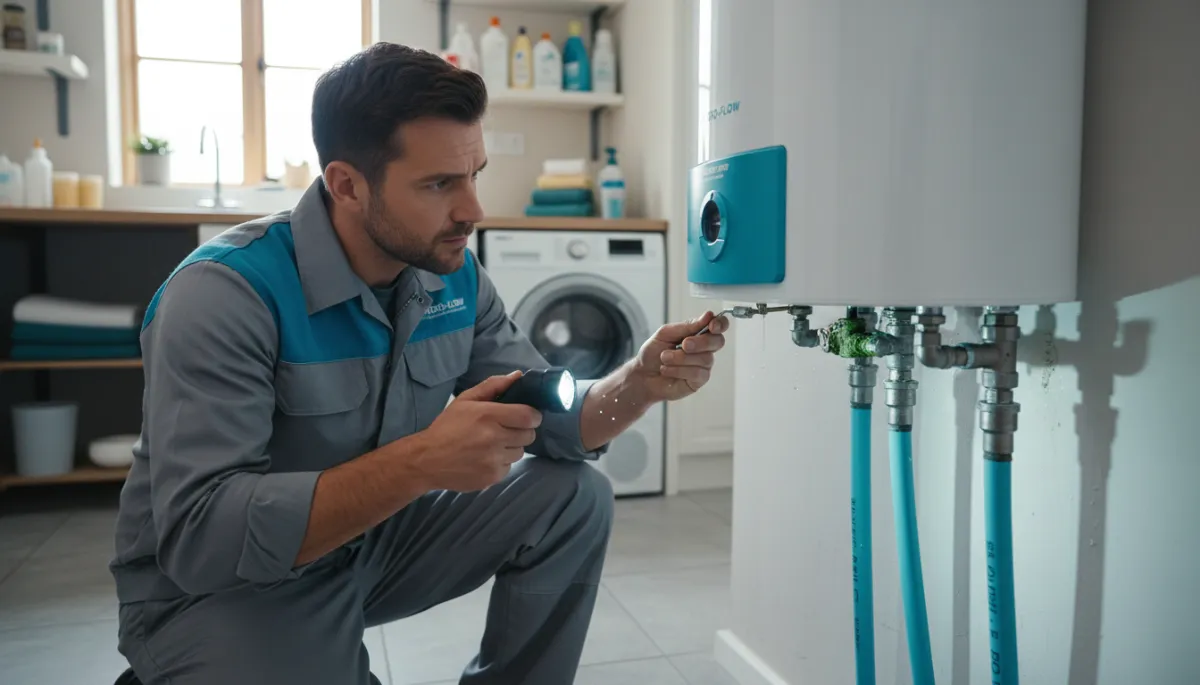 Technician inspecting a leaking geyser valve and surrounding pipework