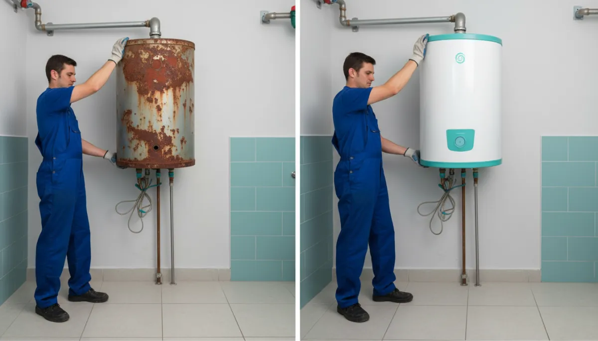 Technicians replacing an old geyser with a modern efficient unit