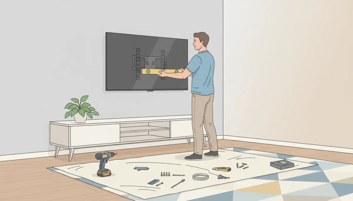 Handyman professionally mounting a flat-screen TV on a wall in a Cape Town home
