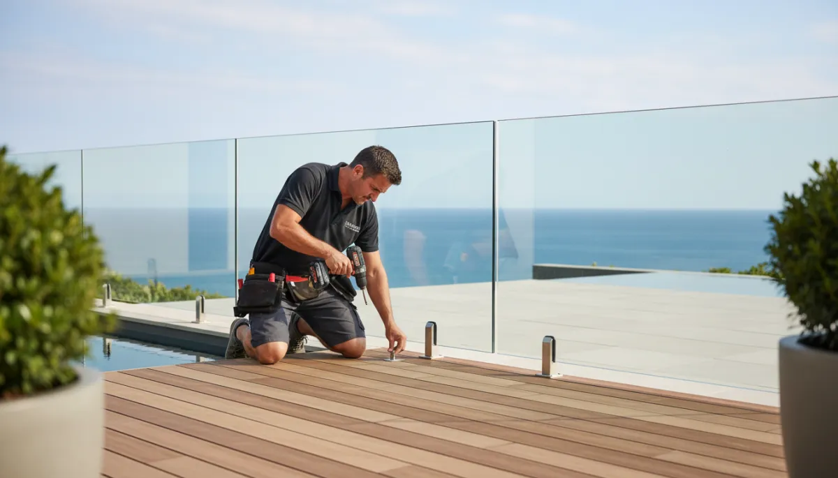 Handyman repairing a modern poolside deck and glass balustrade Handyman repairing a modern poolside deck and glass balustrade