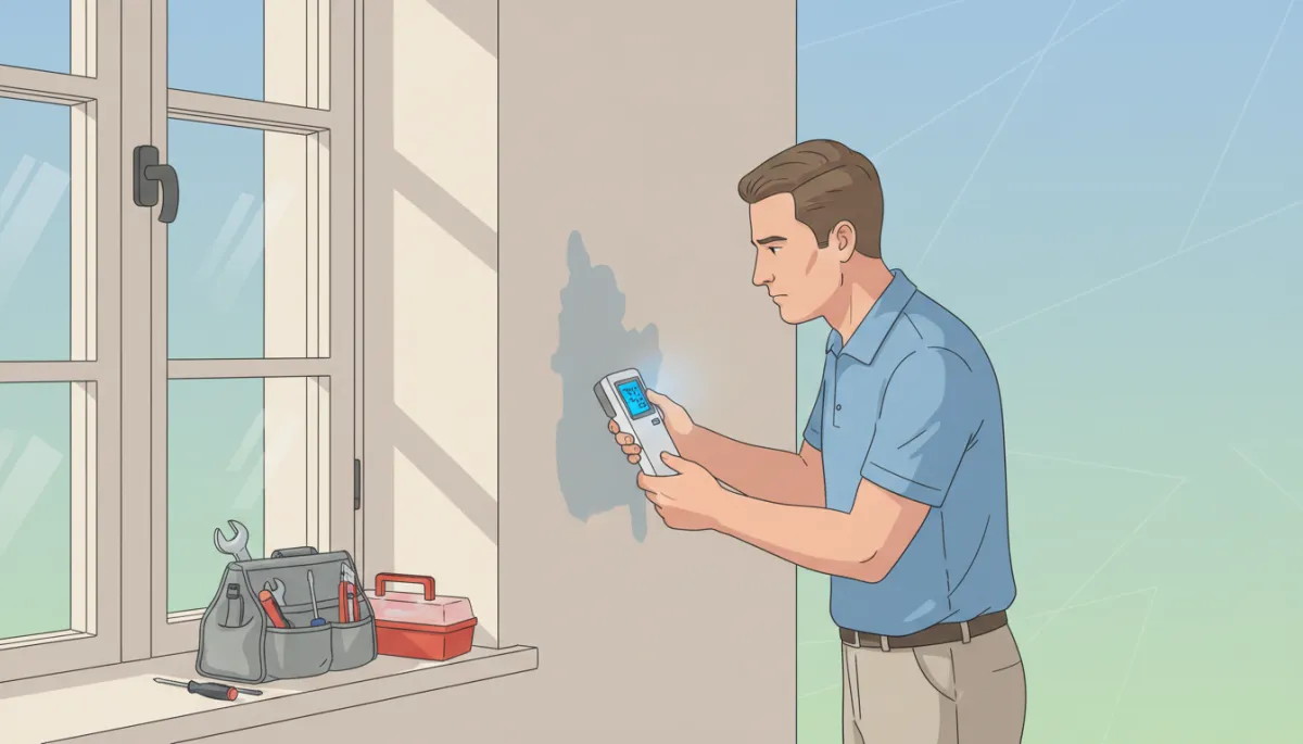 Handyman checking damp and water ingress near a sash window Handyman checking damp and water ingress near a sash window