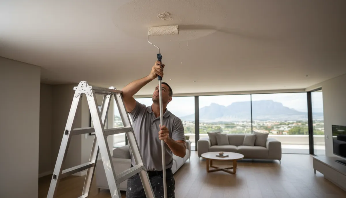 Handyman repairing a water-damaged ceiling in a Plattekloof home Handyman repairing a water-damaged ceiling in a Plattekloof home