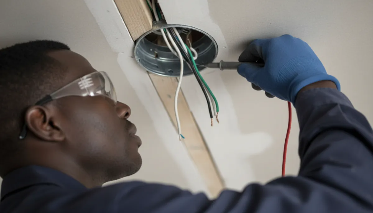 Electrician inspecting ceiling wiring before installing a fan Electrician inspecting ceiling wiring before installing a fan