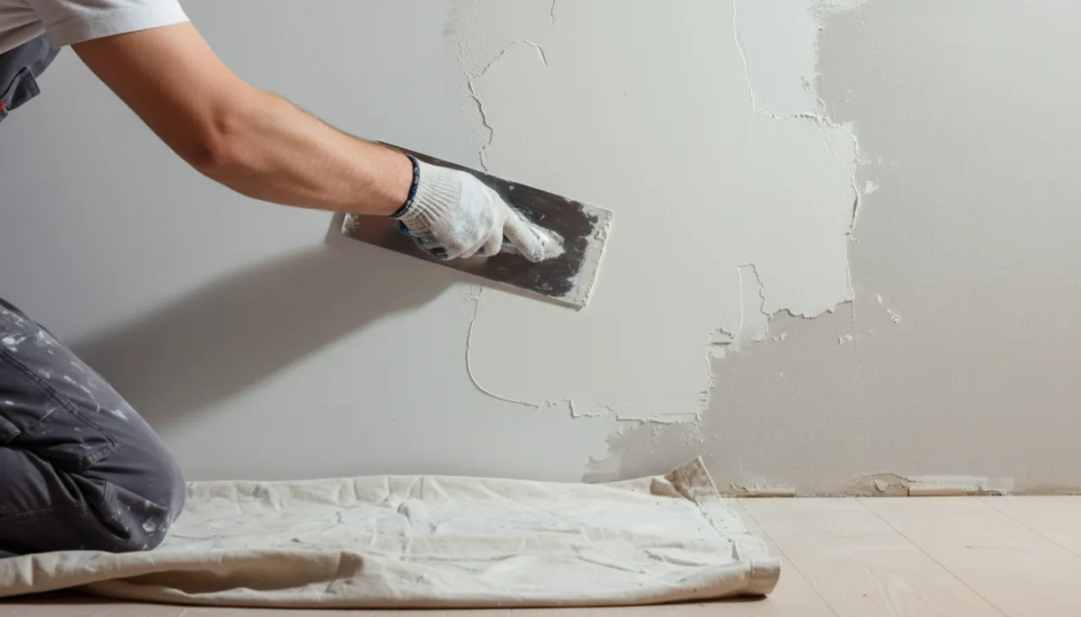 Tradesperson applying fresh plaster to an internal wall in a Cape Town home Tradesperson applying fresh plaster to an internal wall in a Cape Town home